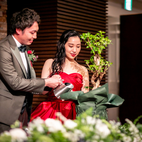 両家で合わせた水を苗に注ぐ演出「植樹の儀」　結婚式にご参加された皆様が平和で幸せな生活が送れますようにとの願いも込められています。